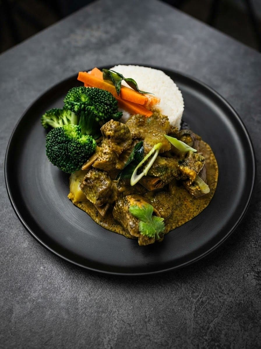 Chicken in a rich sauce with white rice, broccoli and carrots on a black plate