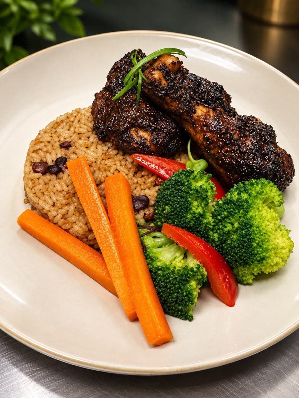 Blackened jerk chicken with rice and peas, carrot sticks, broccoli and red pepper on a cream plate