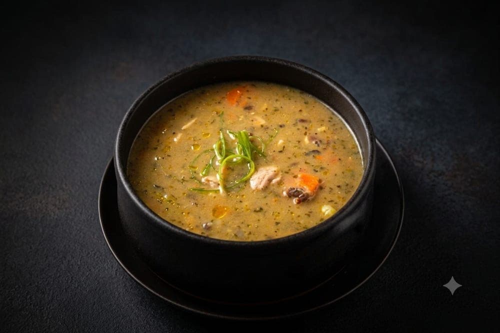A hearty bowl of soup with vegetables and fresh herbs in a black bowl