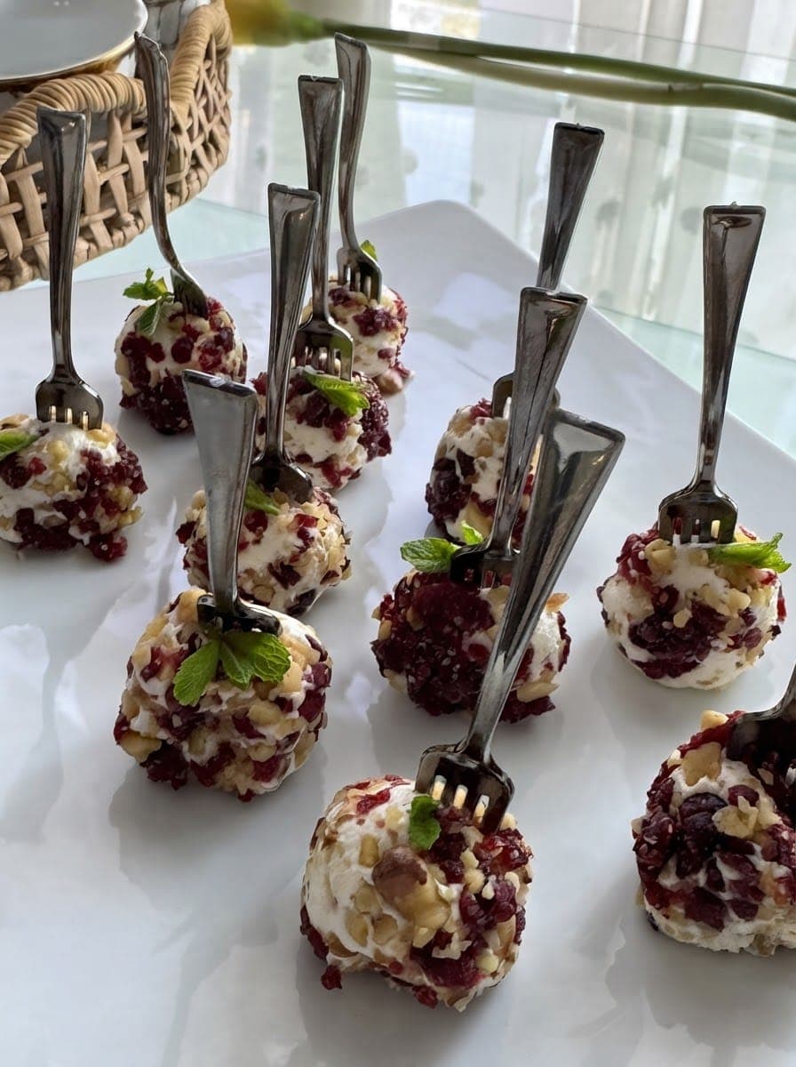 Canapé bites topped with beetroot relish and herbs, each served with a fork