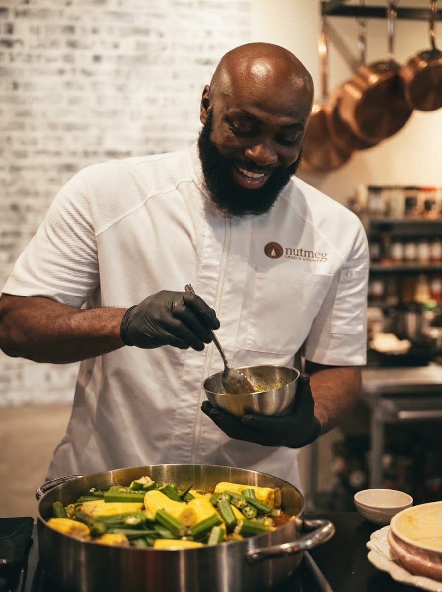 A Nutmeg chef in gloves ladling sauce over a pot of vegetables in the kitchen