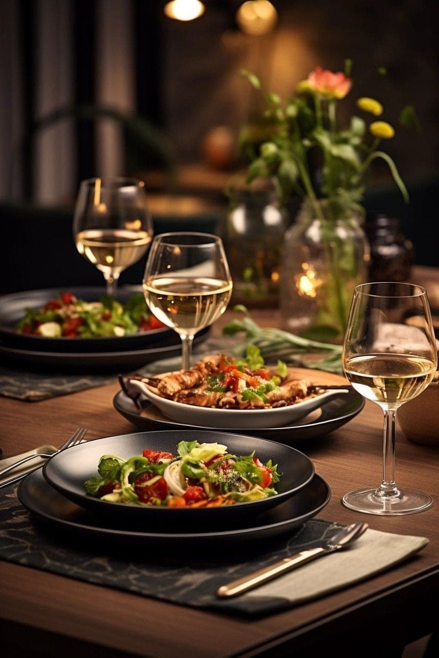 A candlelit dinner table set with plated dishes and glasses of white wine
