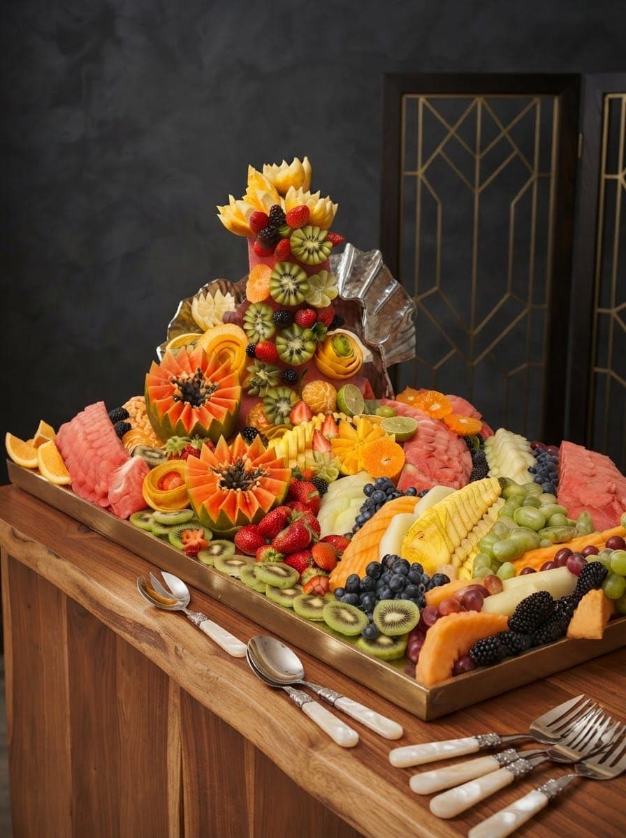 A tall carved fruit display with watermelon, pineapple flowers and berries