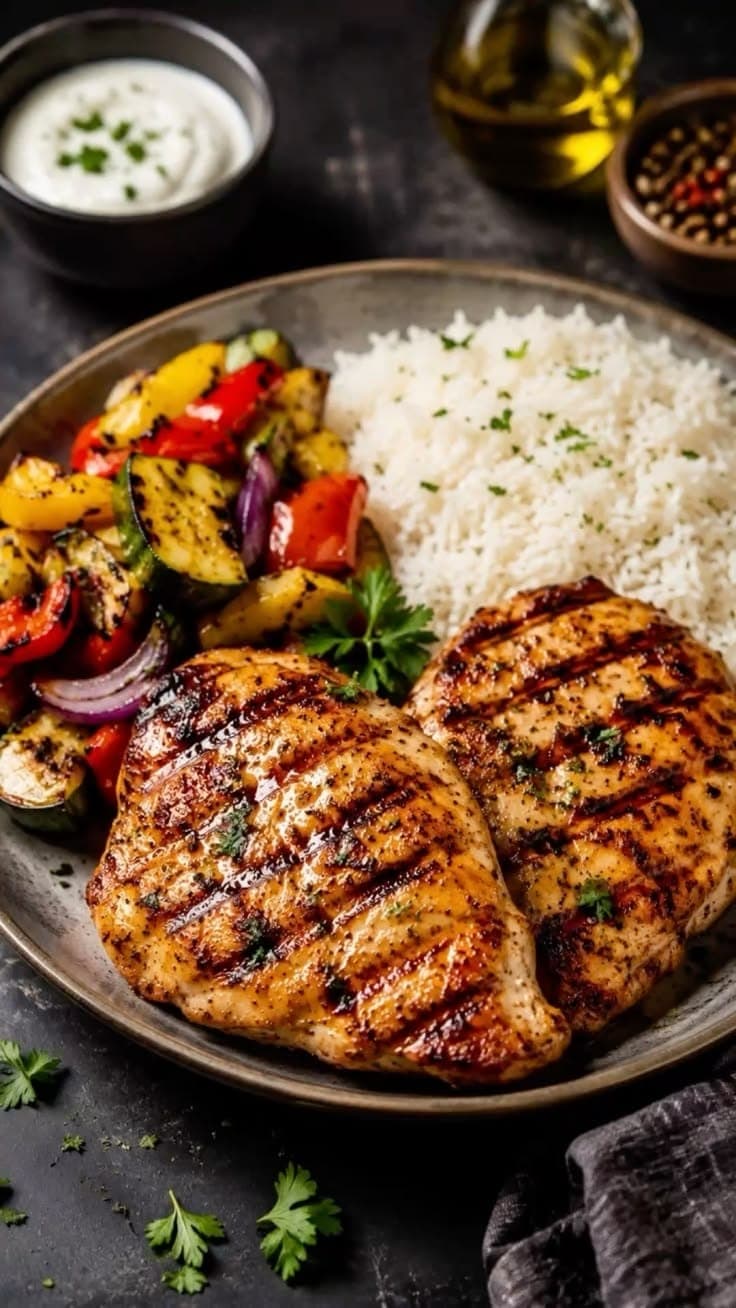 Grilled jerk chicken breasts with white rice and roasted vegetables