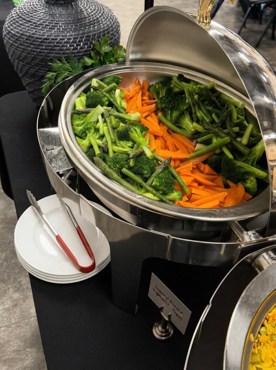 A chafing dish of green beans, broccoli and carrots on a buffet