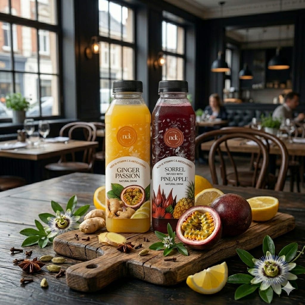 Bottles of Nutmeg ginger passion and sorrel pineapple drinks on a board with fresh fruit